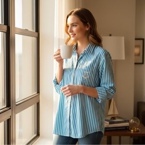 Vintage Lauren Ralph Lauren Teal Striped‎ Monogram Pocket Button Down Shirt